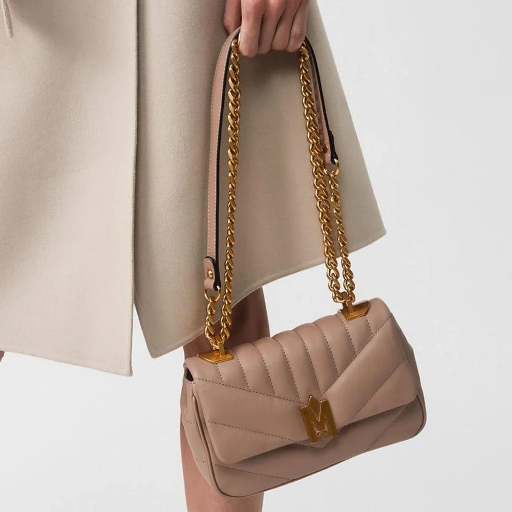 Mackage Quilted Leather Crossbody Bag in Beige with Gold Hardware